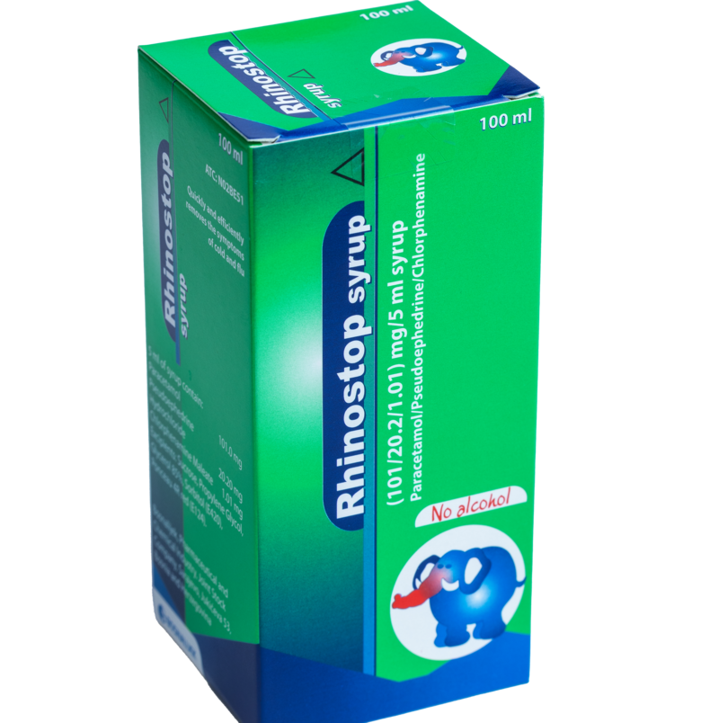 Rhinostop Syrup
• Contains: Paracetamol, Pseudoephedrine, Chlorphenamine
• Dose: 5ml - 4 times a day.
• Indication: Common Cold and Flu, Allergic Rhinitis.