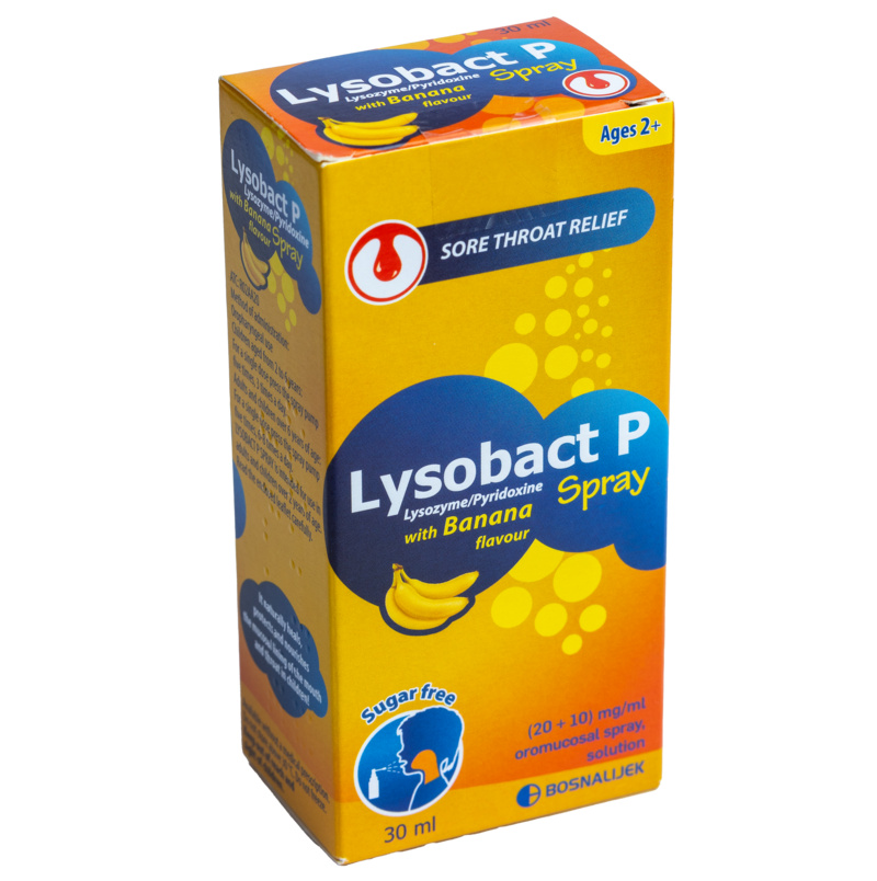 Lysobact P Spray Banana (20+10) mg/ml
• Contains: Lysozyme, Pyridoxine
• Dose: Press pump 5 times, For 6+ ages 6-8 times a day, for 2-6 years old, 3 times a day.
• Indication: Adjuvant local treatment of diseases of mouth and oropharyngeal mucosas and aphtae.