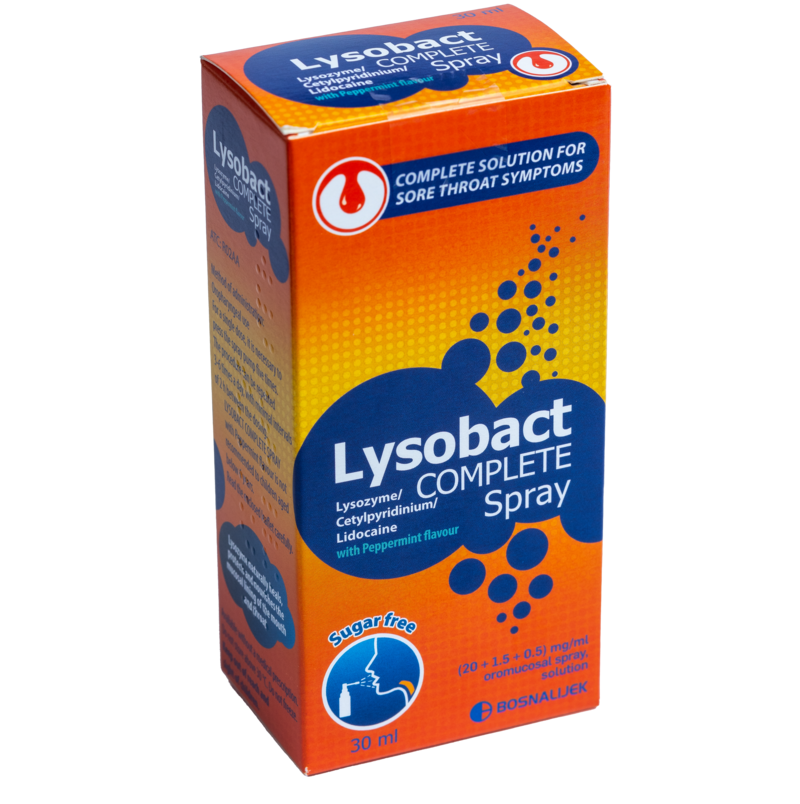 Lysobact Complete Spray  (20+1.5+0.5) mg/ml
• Contains: Lysozyme, Cetylpiridinium, Lidocaine
• Dose:3-6 times a day with 2 hour intervals for 6+.
• Indication: Acute Inflammatory diseases of oral & pharyngeal mucosa, Adjuvant topical treatment for sore throat & pharynx, Pre and Postoperative use in surgical and dental procedure.
