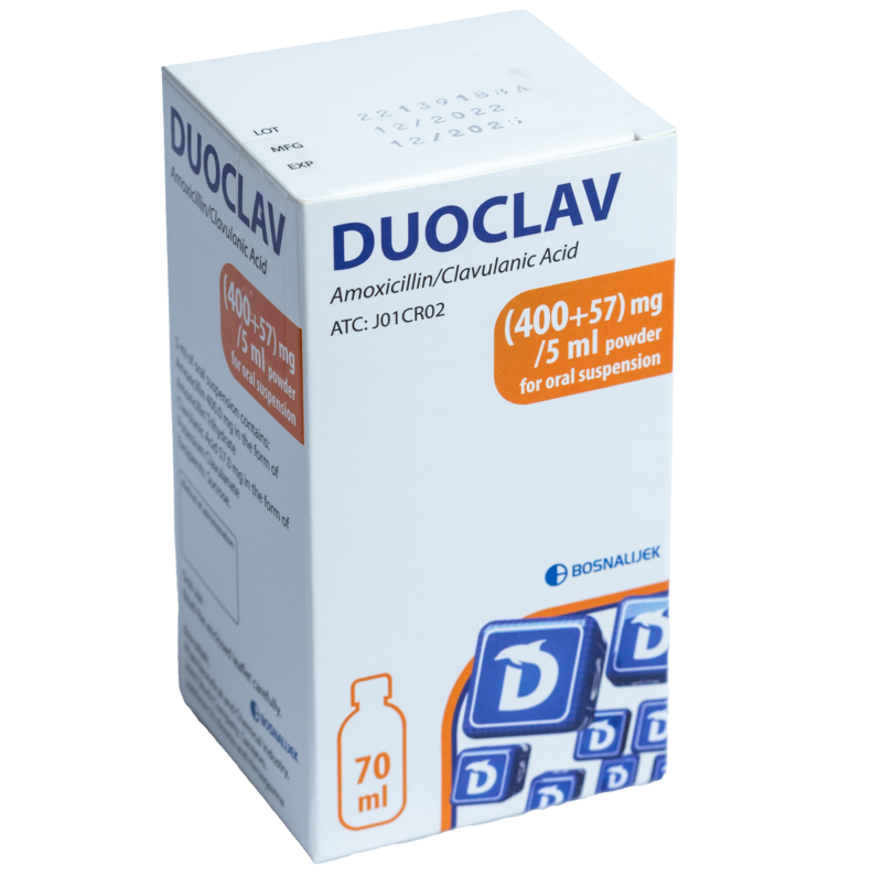Duoclav Powder 457mg/5ml  
• Contains: Amoxicillin, Clavulanic acid 
• Indication: Respiratory and Urinary tract infection, Skin and subcutaneous tissue infections, Bone and joint infections, Dental abscesses.
