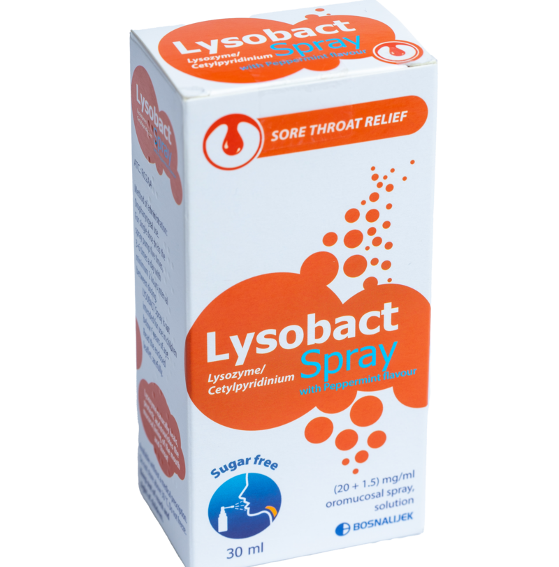 Lysobact Spray Peppermint (20 +1.5) mg/ml
• Contains: Lysozyme, Cetylpiridinium
• Dose:3-6 times a day with 2 hour intervals for 6+.
• Indication: Acute Inflammatory diseases of oral & pharyngeal mucosa, Sore Throat, Laryngitis or Pharyngitis, Pre and Postoperative use in surgical and dental procedure.