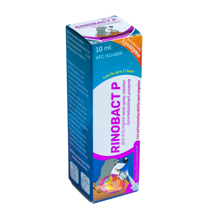 Rinobact P Nasal Spray
• Contains: Xylometazoline hydrochloride, Lysozyme hydrochloride.
• Dose:1 spray in each nostril, 2-3 times a day.
• Indication:Viral Vasomotor and allergic rhinitis, Inflammation of the paranasal sinuses, Inflammation of the middle ear.