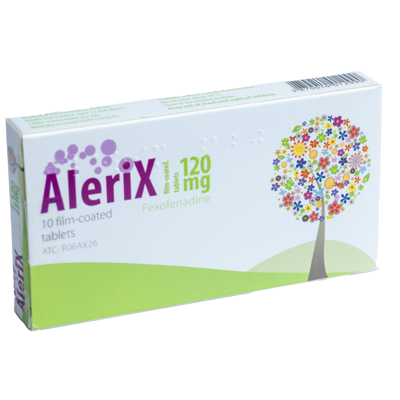Alerix Film Coated Tablets 120mg 
• Contains: Fexofenadine
• Dose:120mg once daily.
• Indication: Seasonal allergic rhinitis.