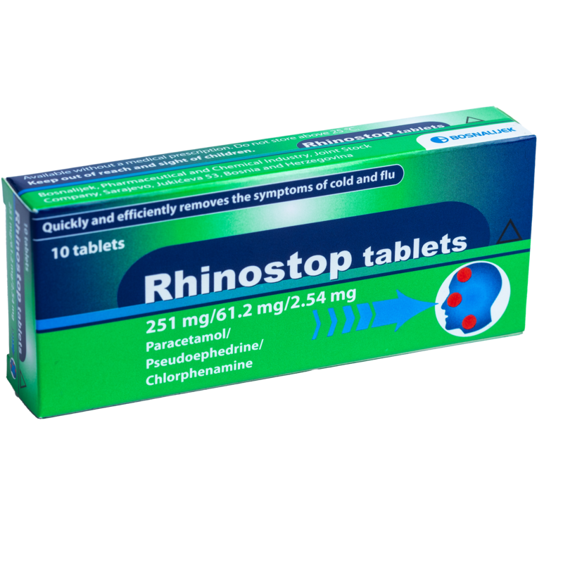 Rhinostop Tablets
• Contains: Paracetamol, Pseudoephedrine, Chlorphenamine
• Dose: 1 tablet - 4 times a day.
• Indication: Common Cold and Flu, Allergic Rhinitis.