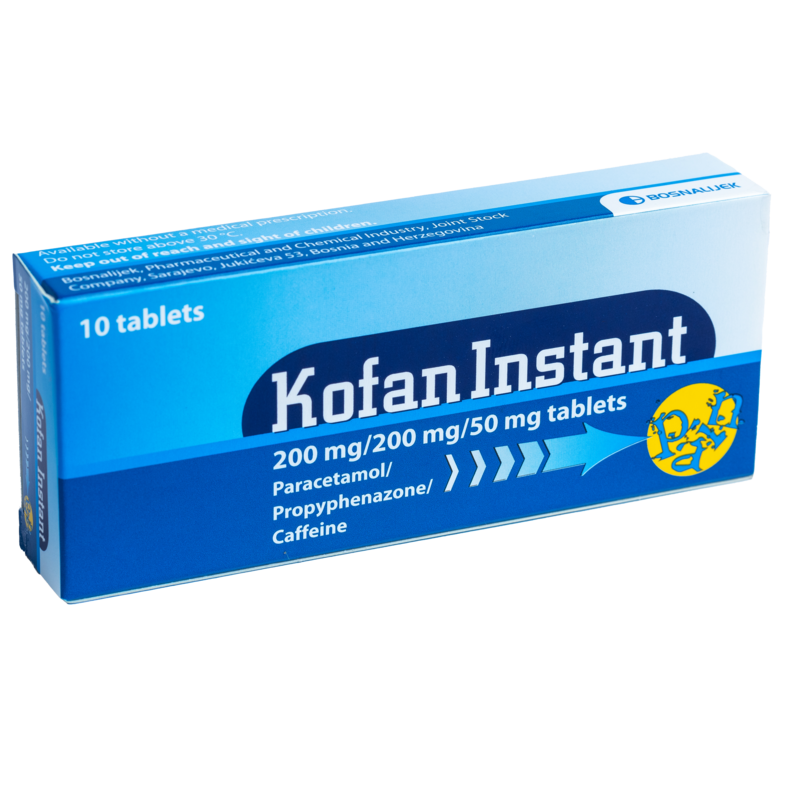 Kofan Instant Tablets
• Contains: Paracetamol, Propyphenazone,Caffeine
• Dose:1-2 tablets per day.
• Indication: Headache, Fever, Cold, Flu, Toothache, Menstrual pain, Postoperative pain, Rheumatic pain.
