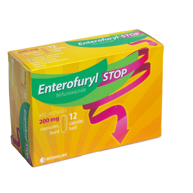 Enterofuryl STOP Capsules
• Contains: Nifuroxazide
• Dose: 200mg - 4 times a day.
• Indication: Acute-onset Infective Diarrhoea.