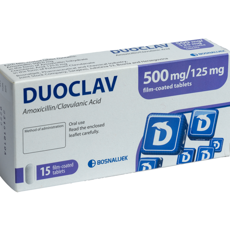 Duoclav Film Coated Tablets 500mg/125mg 
• Contains: Amoxicillin, Clavulanic acid 
• Indication: Respiratory and Urinary tract infection, Skin and subcutaneous tissue infections, Bone and joint infections, Dental abscesses.
